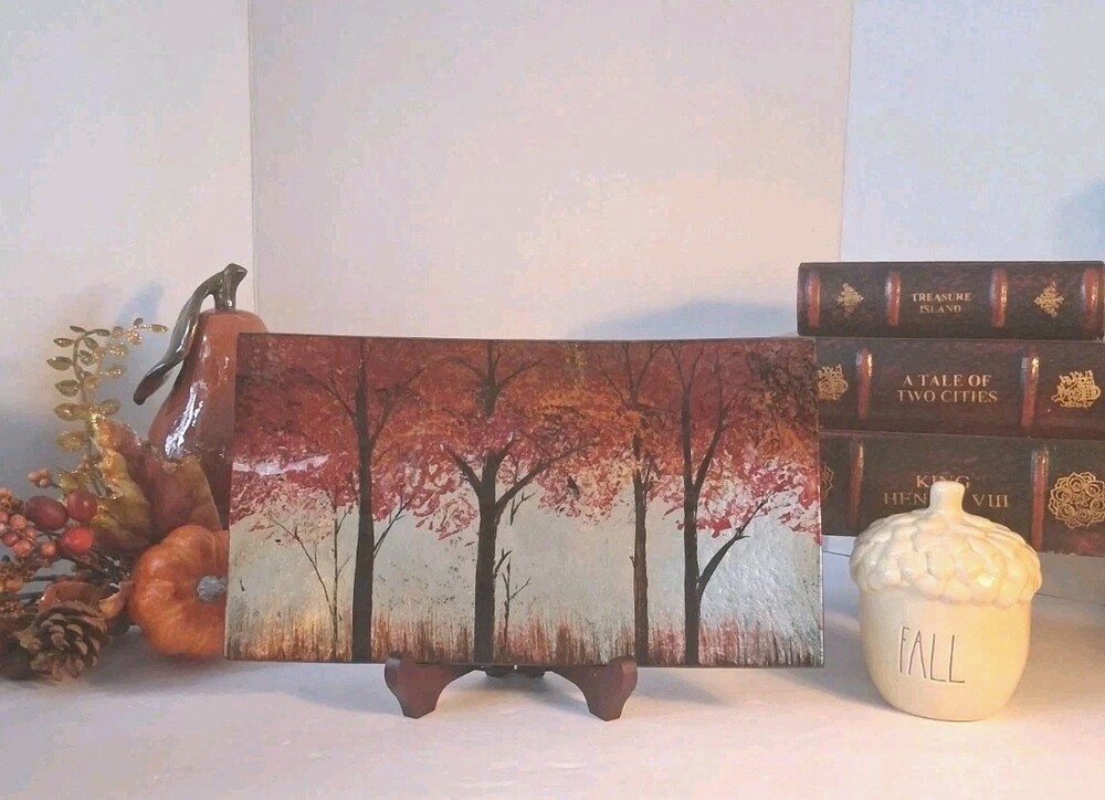 'Rio' Inspired HandPainted Glass Platter; Autumn/Fall Landscape Design;NEW (NOS)